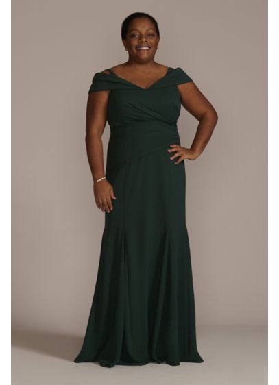 Plus Off-the-Shoulder Ruched Crepe Mermaid Dress - This romantic plus size crepe dress is full